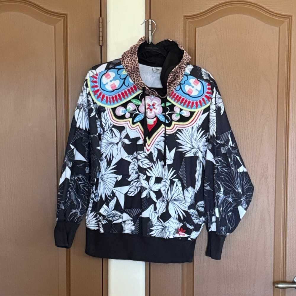 adidas Black Floral Hoodie with Colorful Embroidery